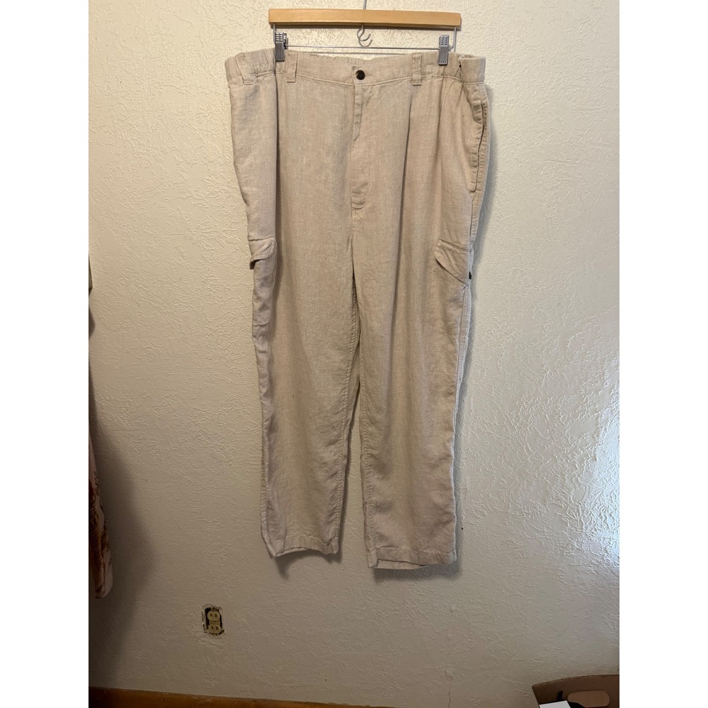 Caribbean Mens 100% Linen Cargo Pants 48x30 Oatmeal Beige Straight Leg Casual